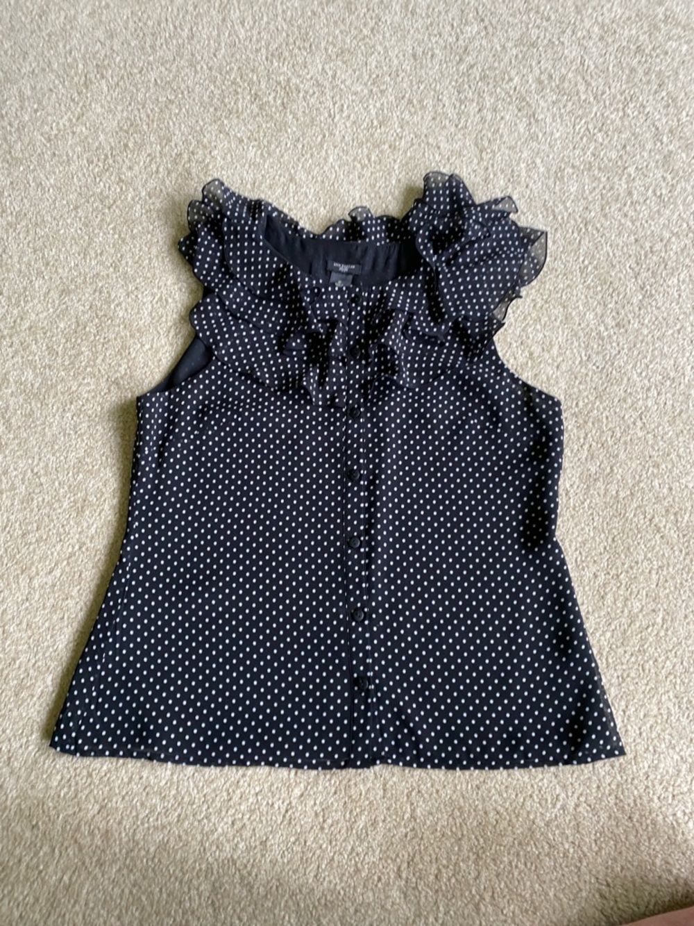 Ann Taylor Black Polka Dot Ruffle Neck Sleeveless Blouse